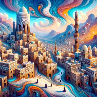The primary subject of the image is a large, intricate cityscape with a mix of buildings, towers, and domes. The setting is a vibrant, colorful landscape with a sky background. The visual style is a combination of digital art and illustration, creating a unique and captivating scene. The colors and mood of the image are lively and energetic, with a sense of wonder and excitement.